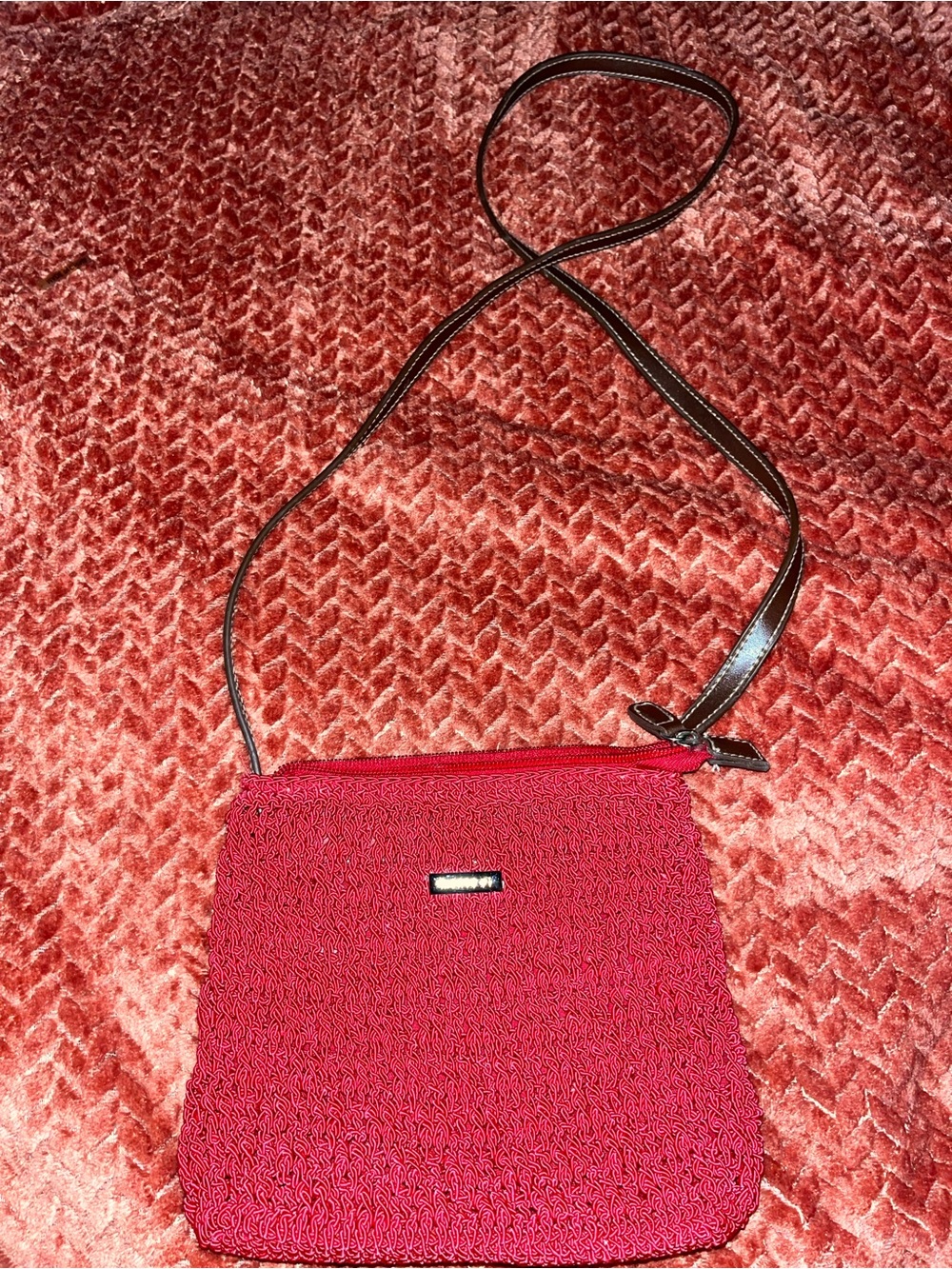 Y2K Minicci woven Red Crossbody Bag with brown leather Strap.